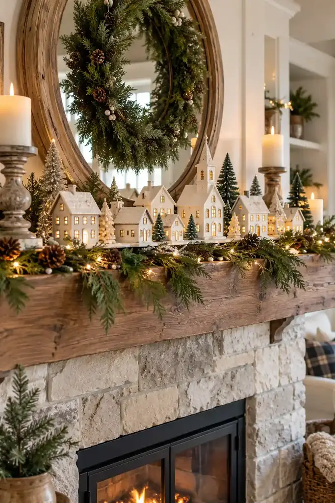 Wood mantel with a ceramic village