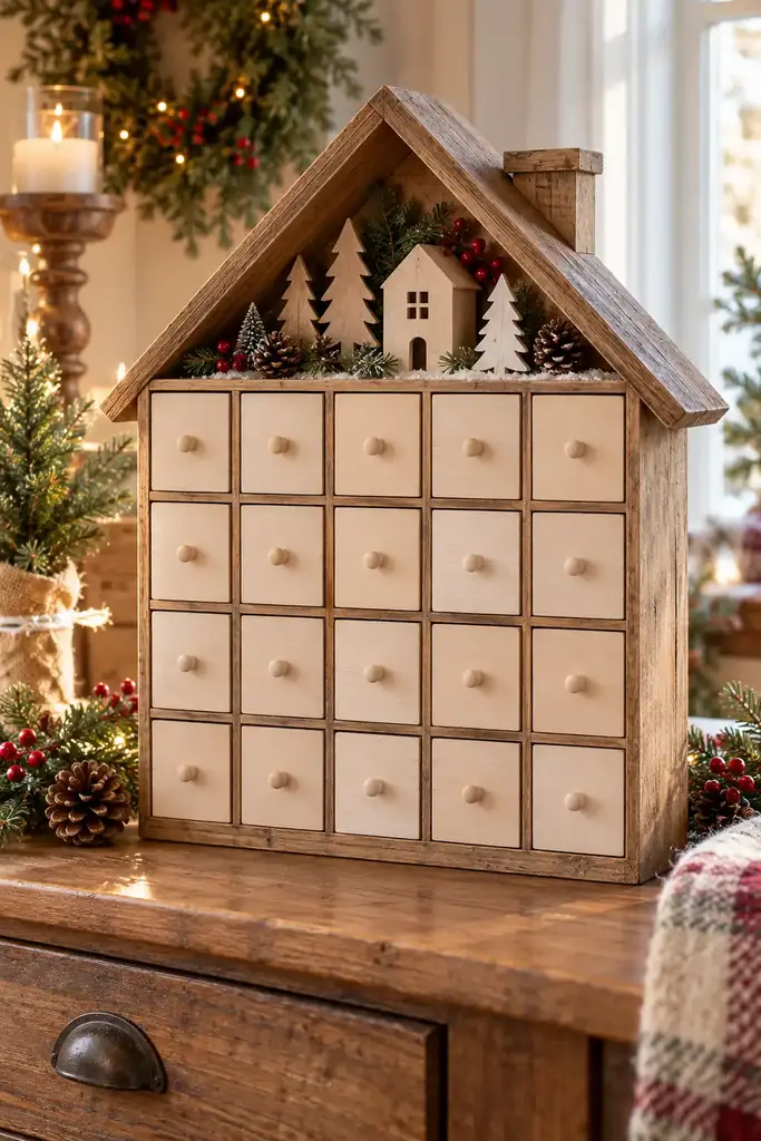 Wooden advent cubby display with blank doors