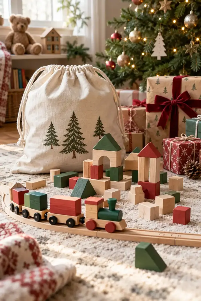 Wooden building blocks and a wooden toy train with a tree print drawstring bag on a rug