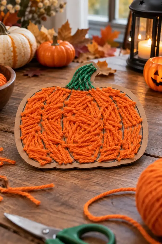 Pumpkin outline filled with short pieces of orange yarn on cardboard with a green stem