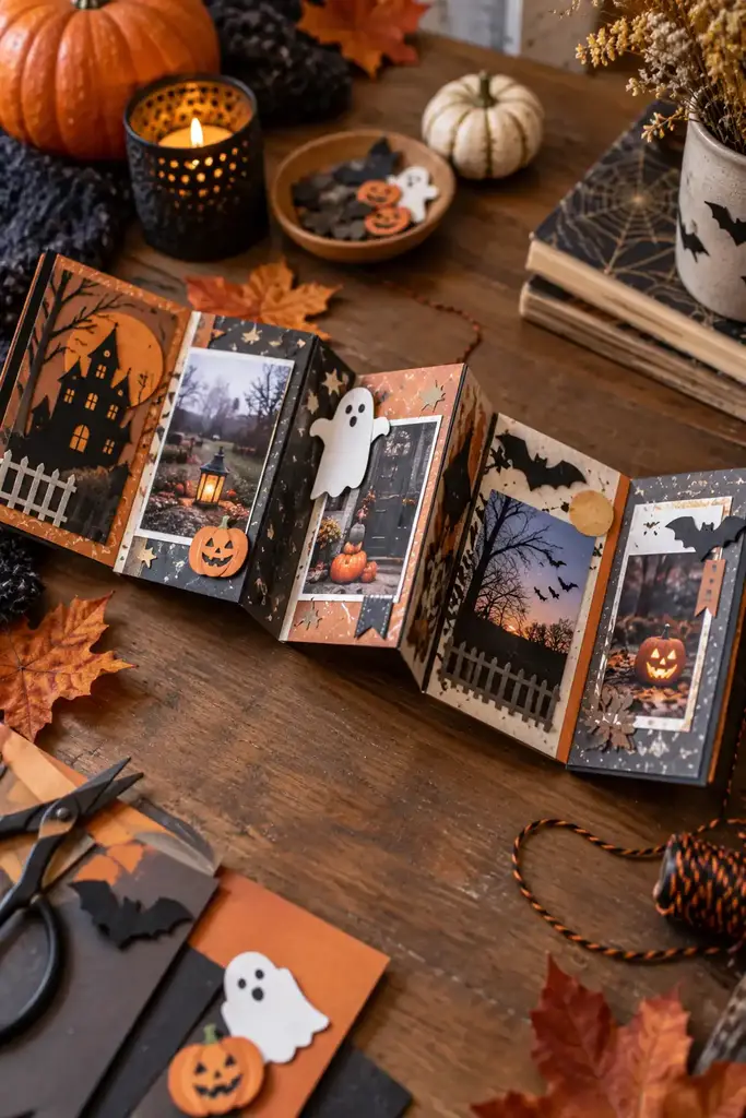 Small accordion Halloween scrapbook opened flat with pumpkin, ghost and bat paper pieces and photos