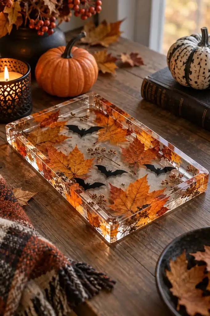 Clear resin rectangular tray with preserved orange autumn leaves and small black bat shapes