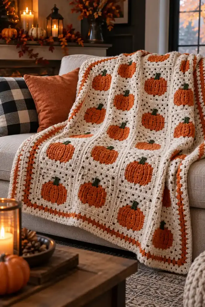 Hand crocheted cream throw blanket with orange pumpkin granny squares on a couch