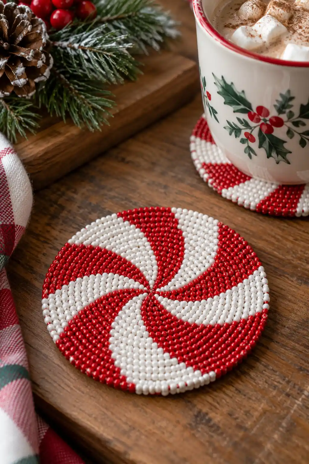 Beaded Peppermint Christmas coaster ideas