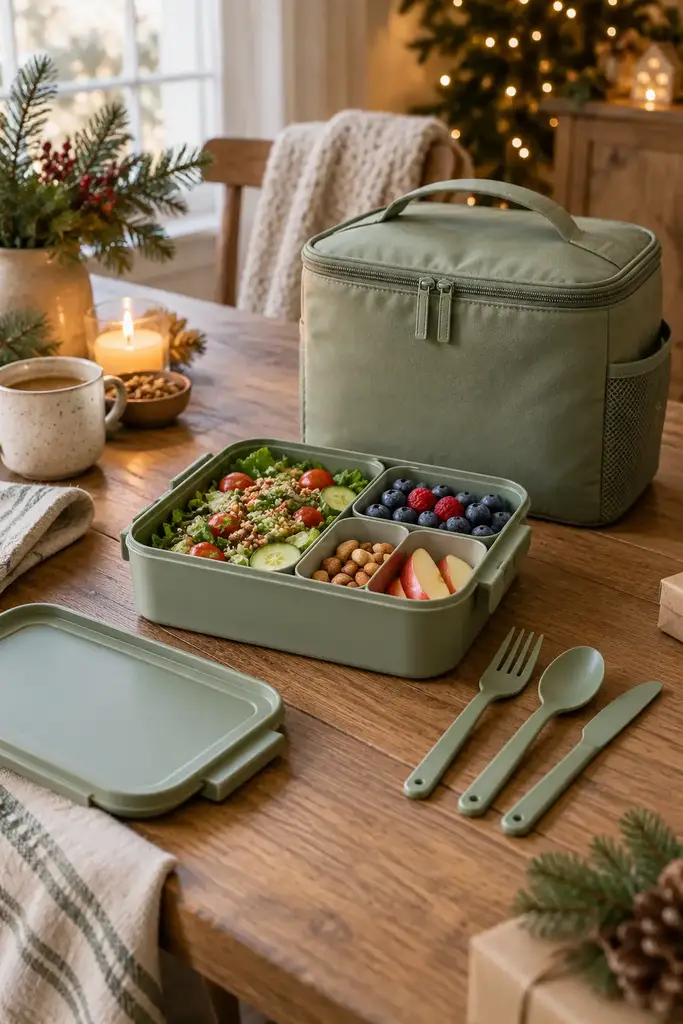 Sage green bento box with compartments of salad and fruit beside an insulated lunch bag and cutlery