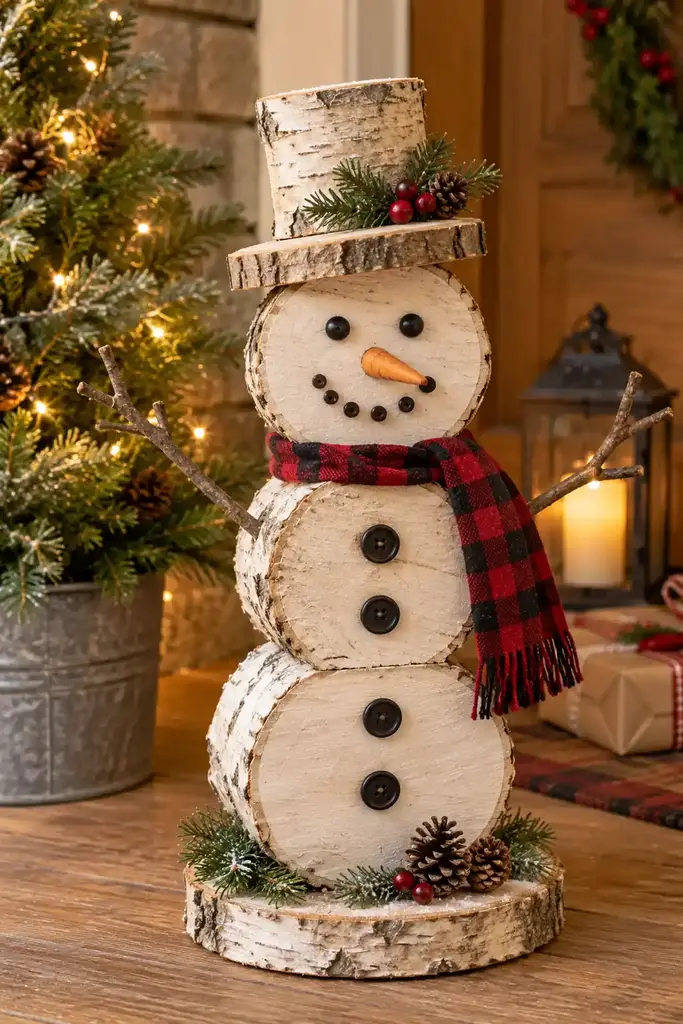 Birch log snowman decoration