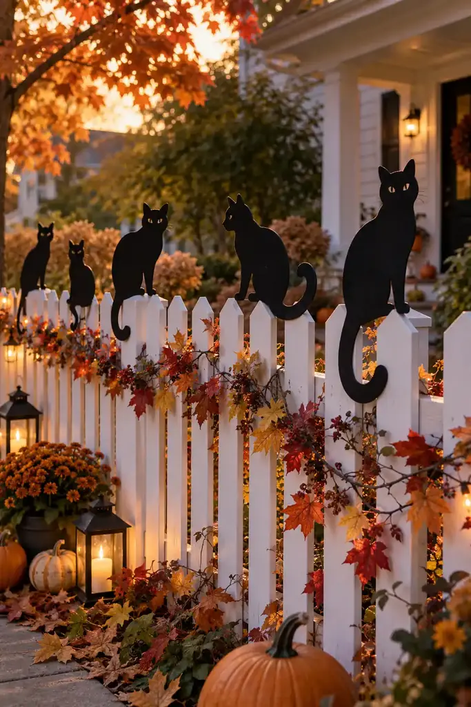White picket fence with black cat silhouette cutouts along the top