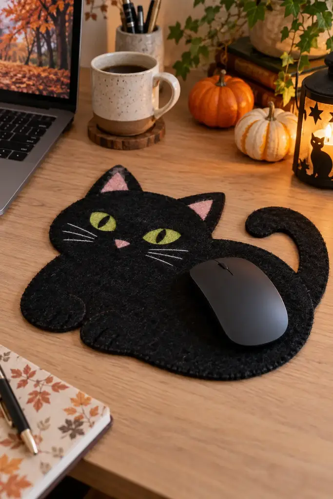 Handmade felt black cat shaped mousepad on a minimal wood office desk
