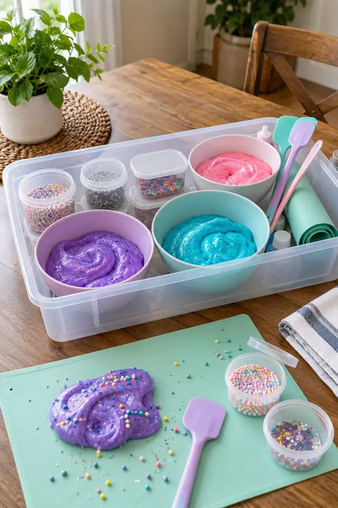Budget slime station in a shallow plastic storage bin with mixing bowls, tubs and a rolled mat