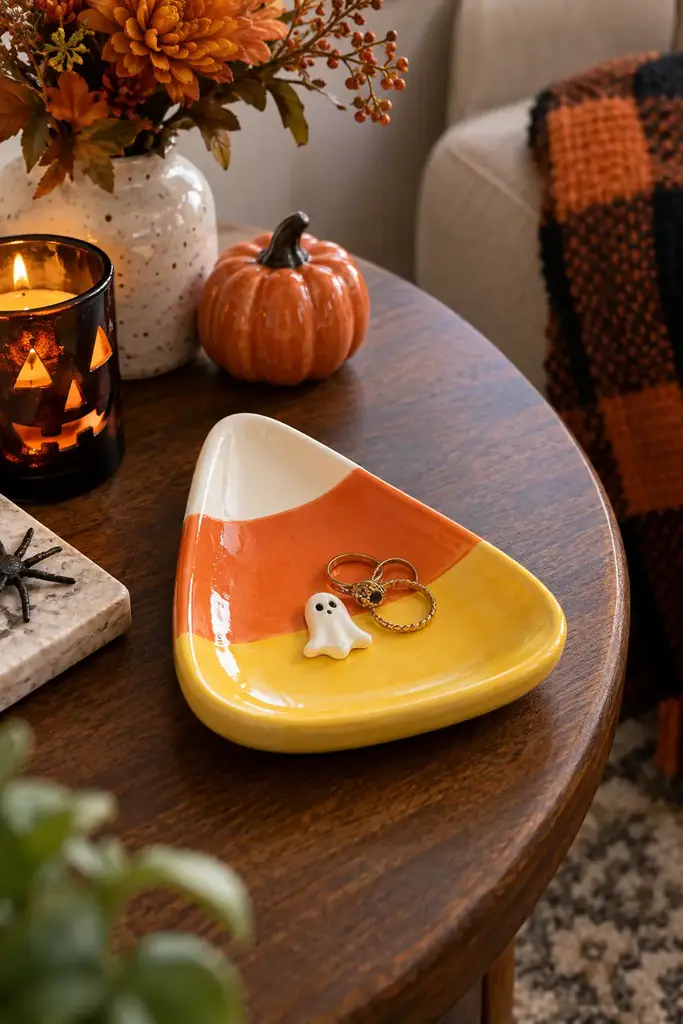 Glossy handmade candy corn shaped trinket tray on a side table