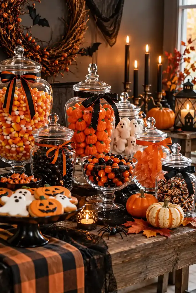 Halloween candy buffet with glass jars of colorful sweets, orange and black ribbons and small pumpkins