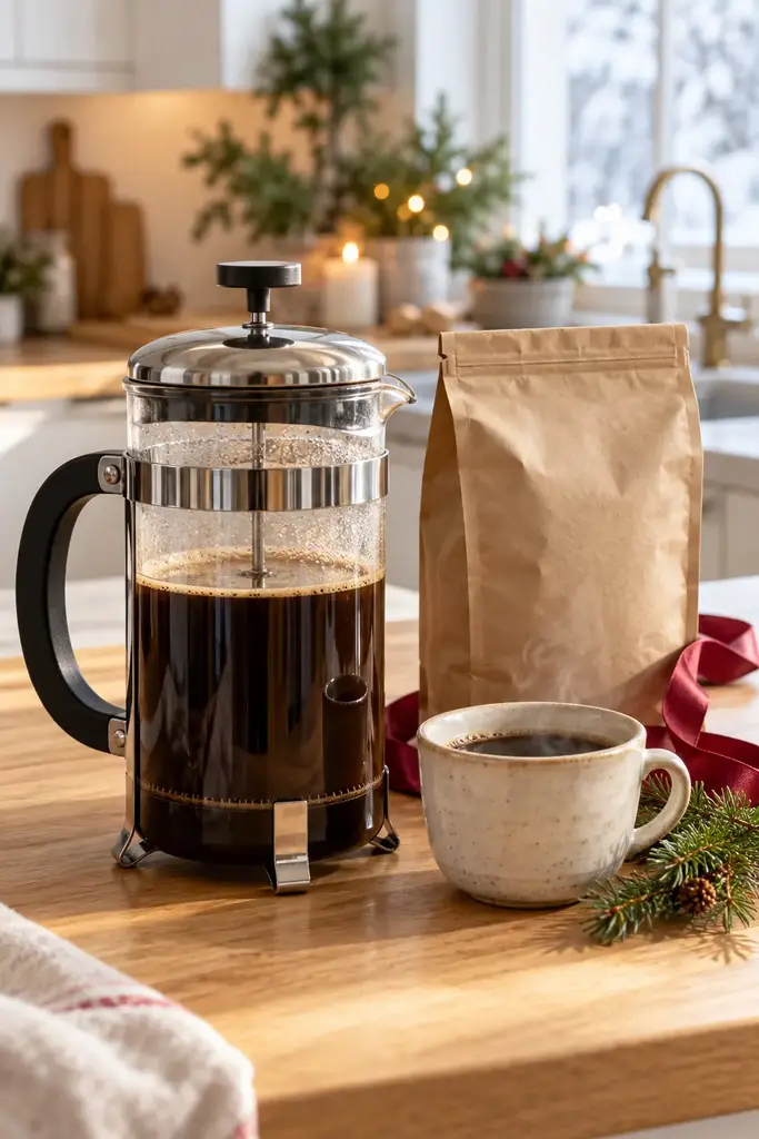 French press of coffee, a kraft bag of coffee beans and a stoneware cup on a kitchen counter with pine