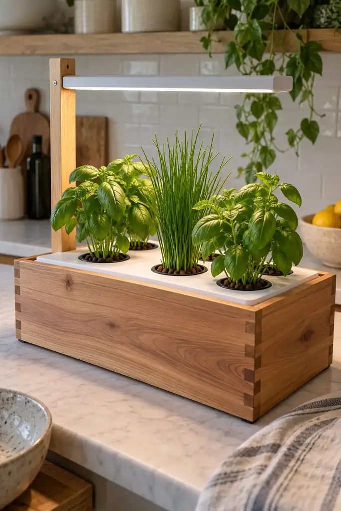 Handmade cedar countertop hydroponic herb box with basil and chives in net cups under a slim grow light