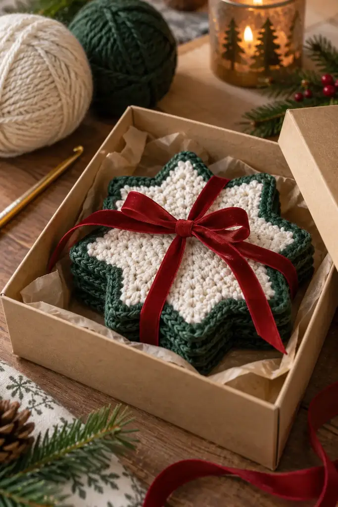 Green and cream star shaped crochet coasters tied with red ribbon in a kraft gift box