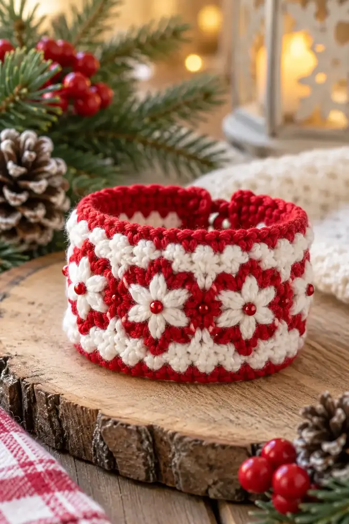Crochet red and white cuff bracelet