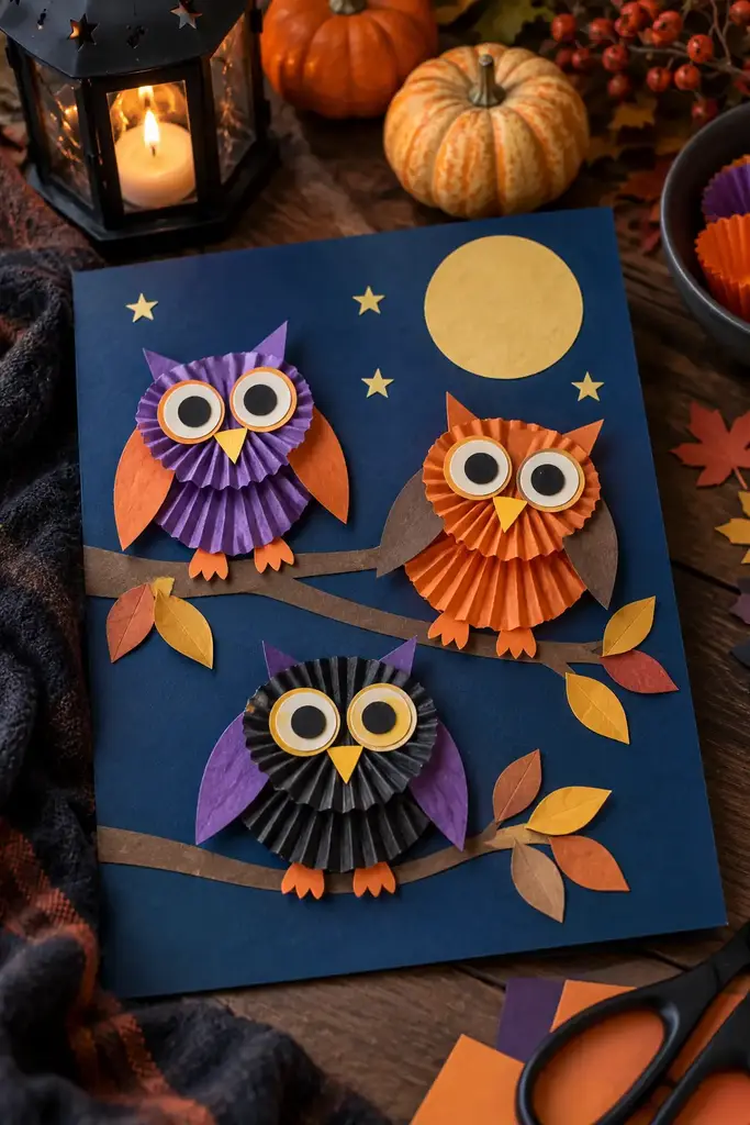 Halloween owls made from folded cupcake liners and paper shapes on dark blue cardstock