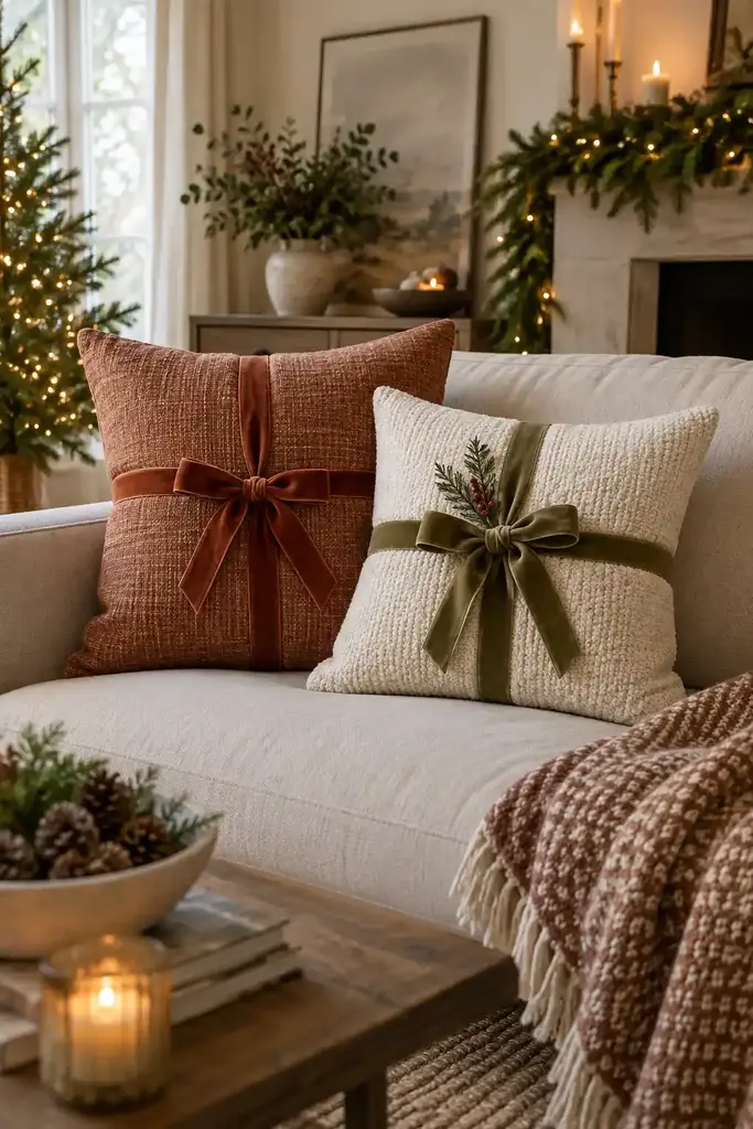 Terracotta textured cushion and cream knit cushion with velvet ribbons on a sofa