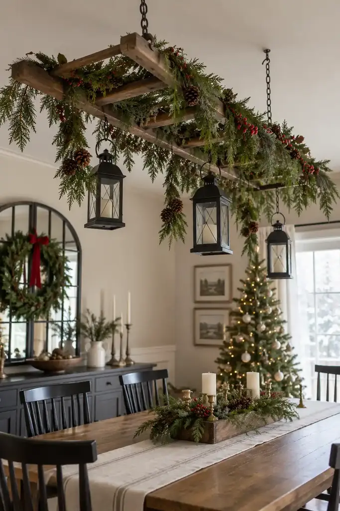 DIY ceiling Christmas decoration ideas, wooden ladder with greenery and lanterns