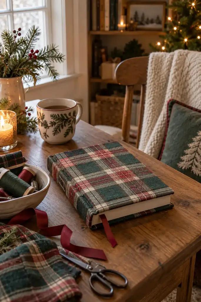 Red and green tartan fabric book cover with a red ribbon bookmark beside fabric scraps and scissors