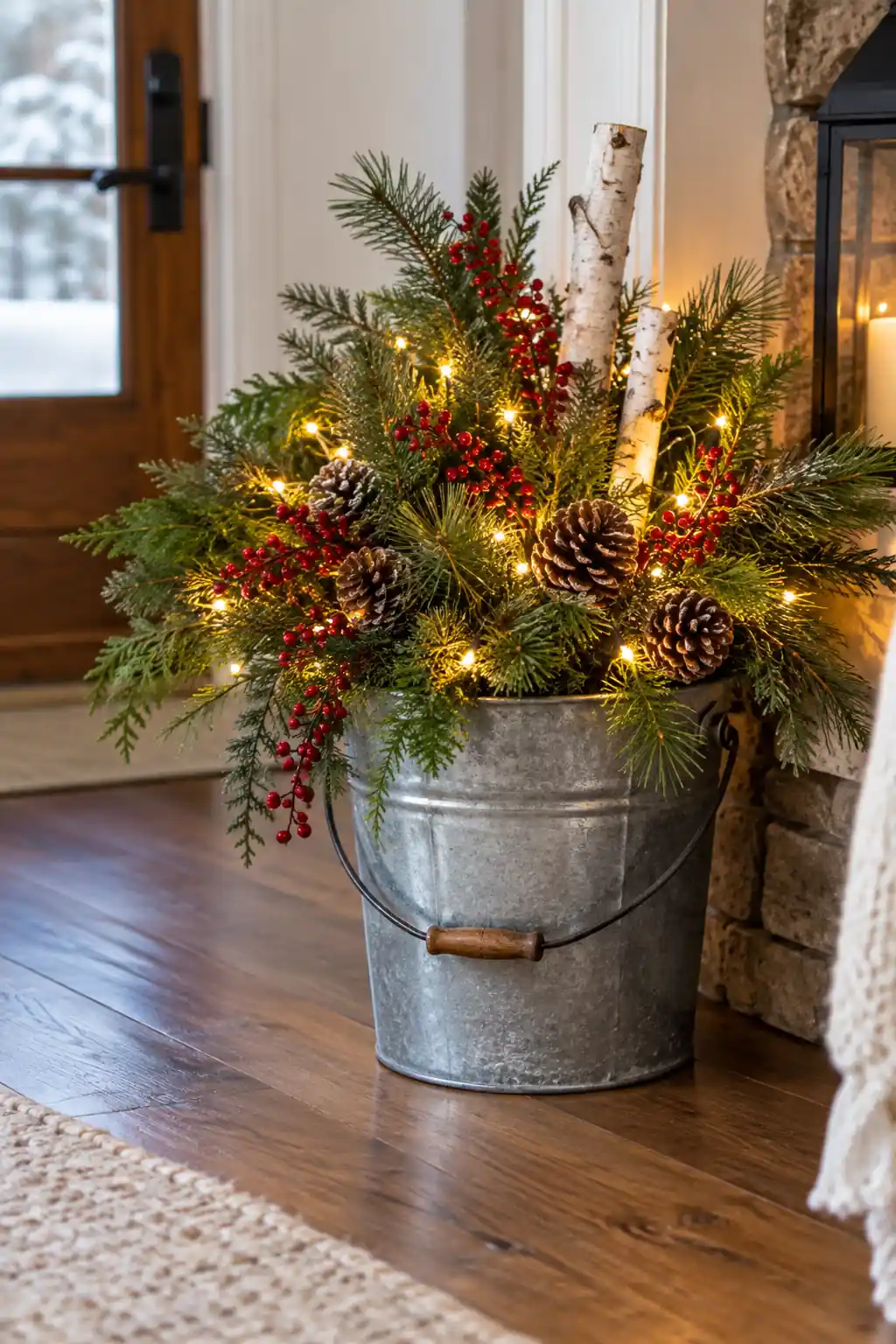 Fairy Light Greenery Bucket Christmas bucket ideas
