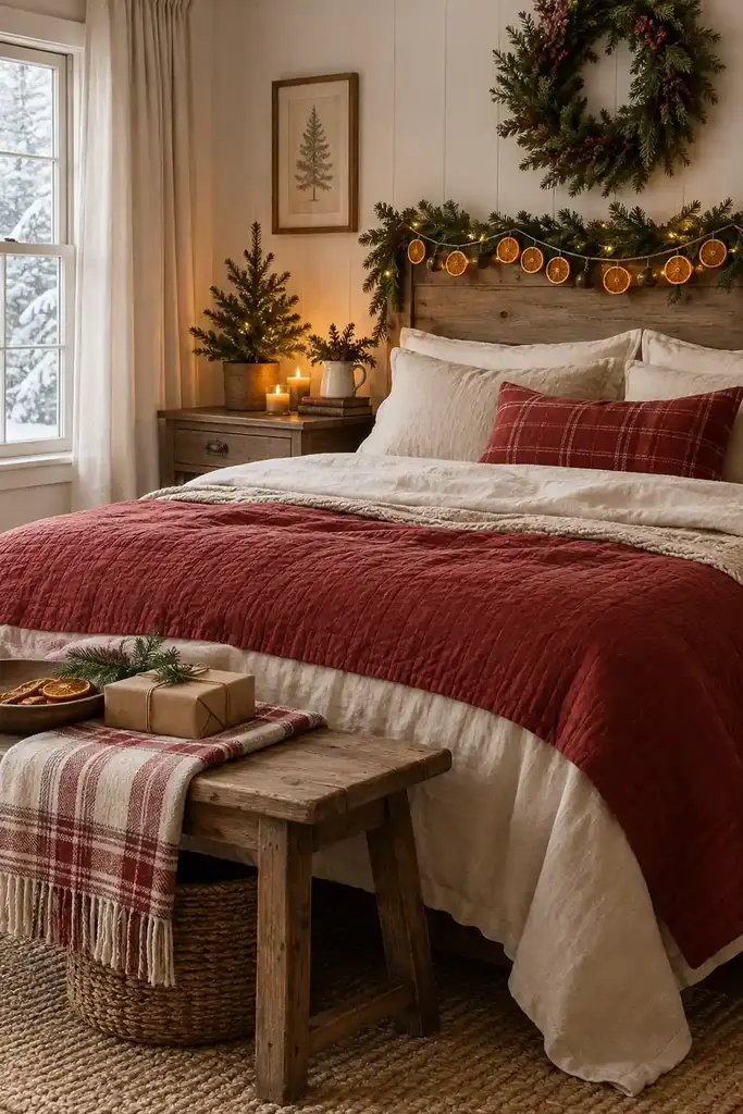 Dried orange slices form a second garland across the greenery above the headboard