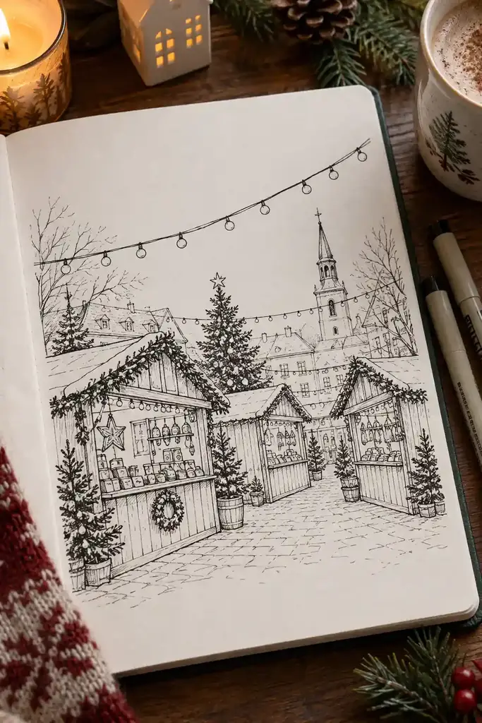 Christmas drawing ideas, market stalls beneath string lights