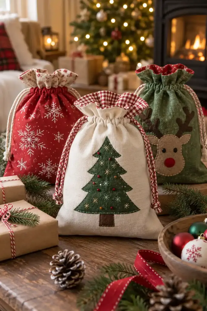 Printed fabric bags have gathered tops tied with ribbon or cord