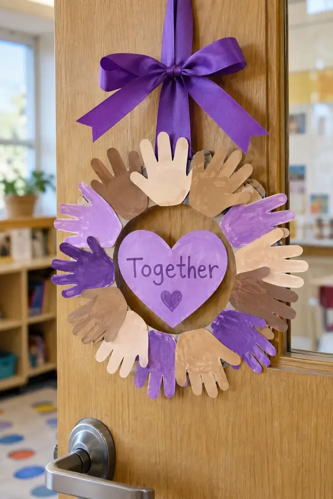Preschool handprint wreath with diverse skin tone paper handprints and a Together heart center