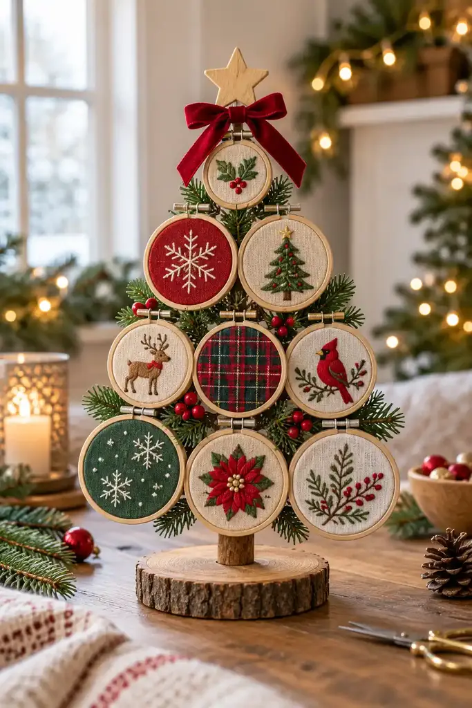 Mini embroidery hoop tree ornament