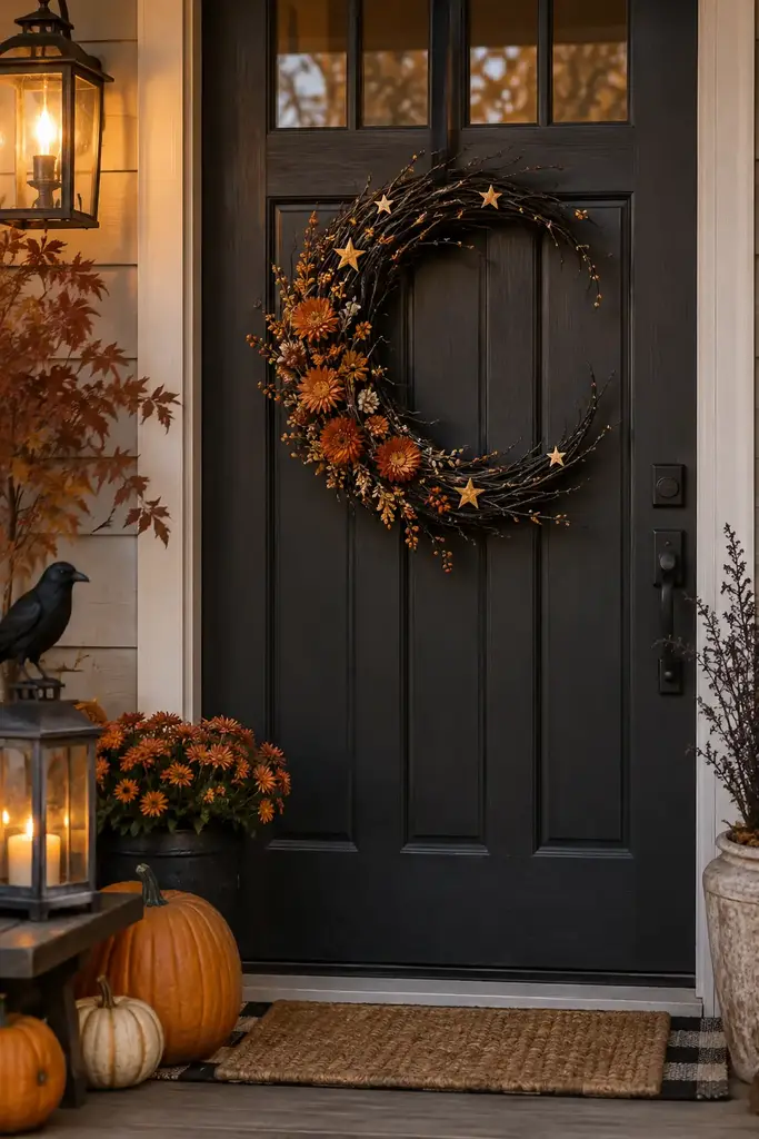 Handmade crescent moon wreath of black twigs, small stars and orange dried flowers on a front door
