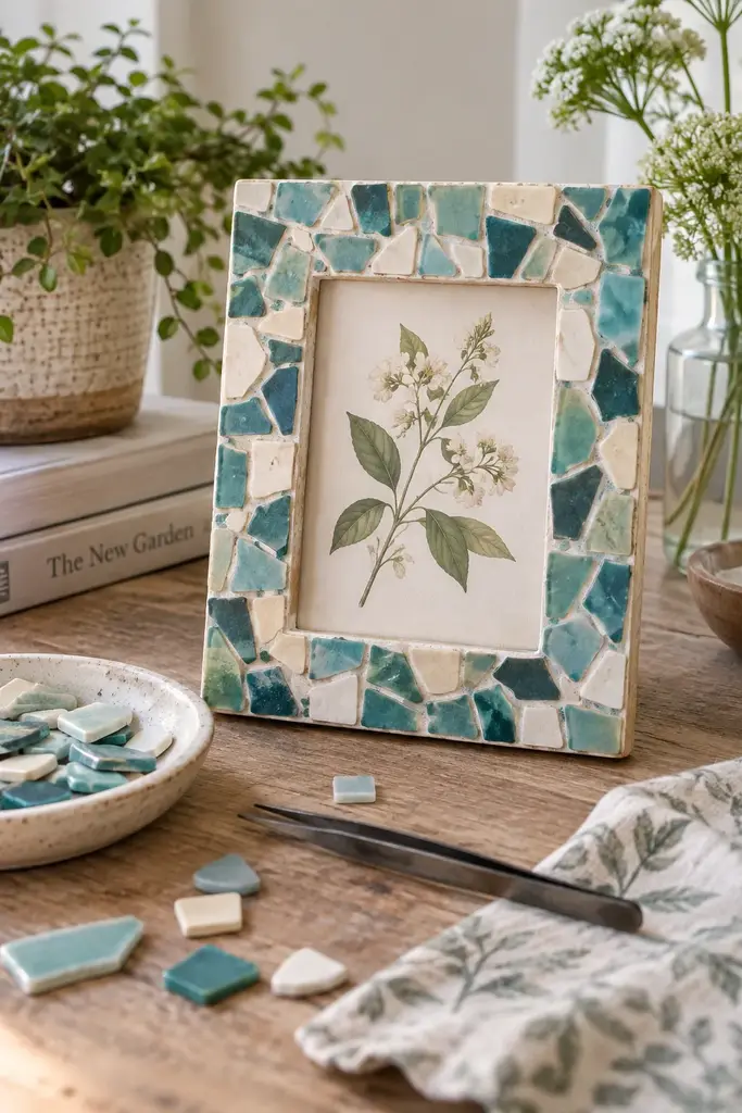 DIY mosaic picture frame with teal, blue and cream sea glass colored tiles around a botanical print