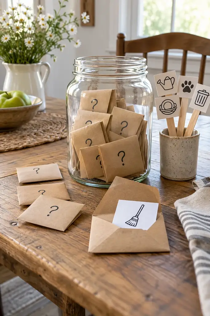 Clear chore jar full of kraft envelopes marked with question marks on a cottage dining table