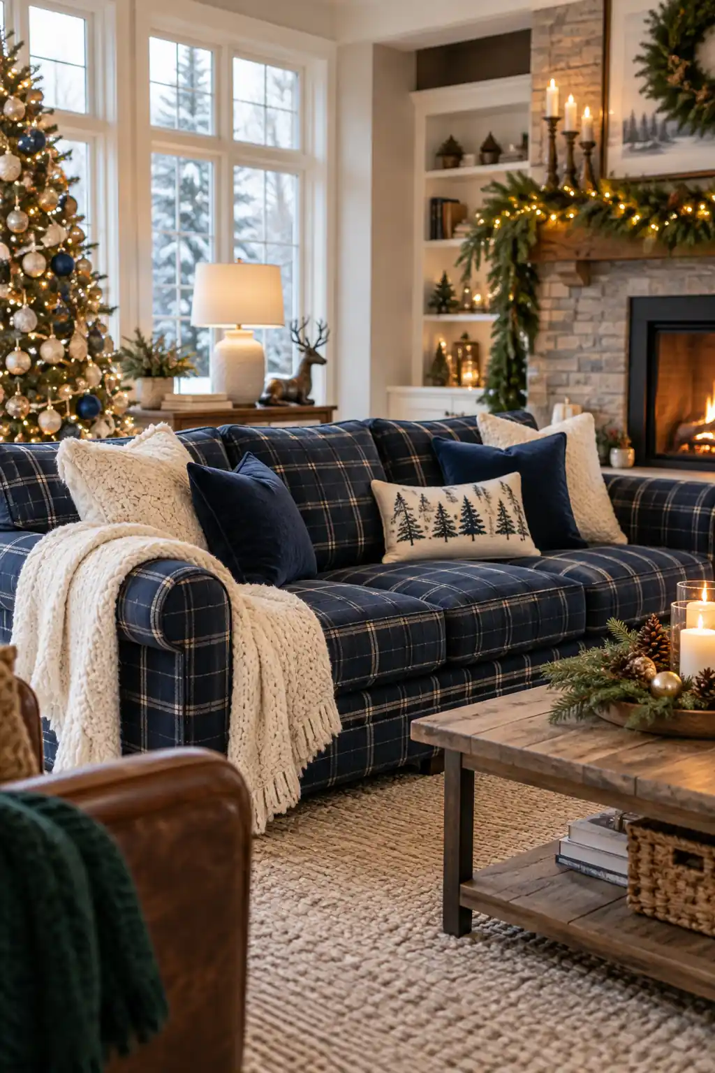 Navy Plaid Sofa blue Christmas decoration ideas