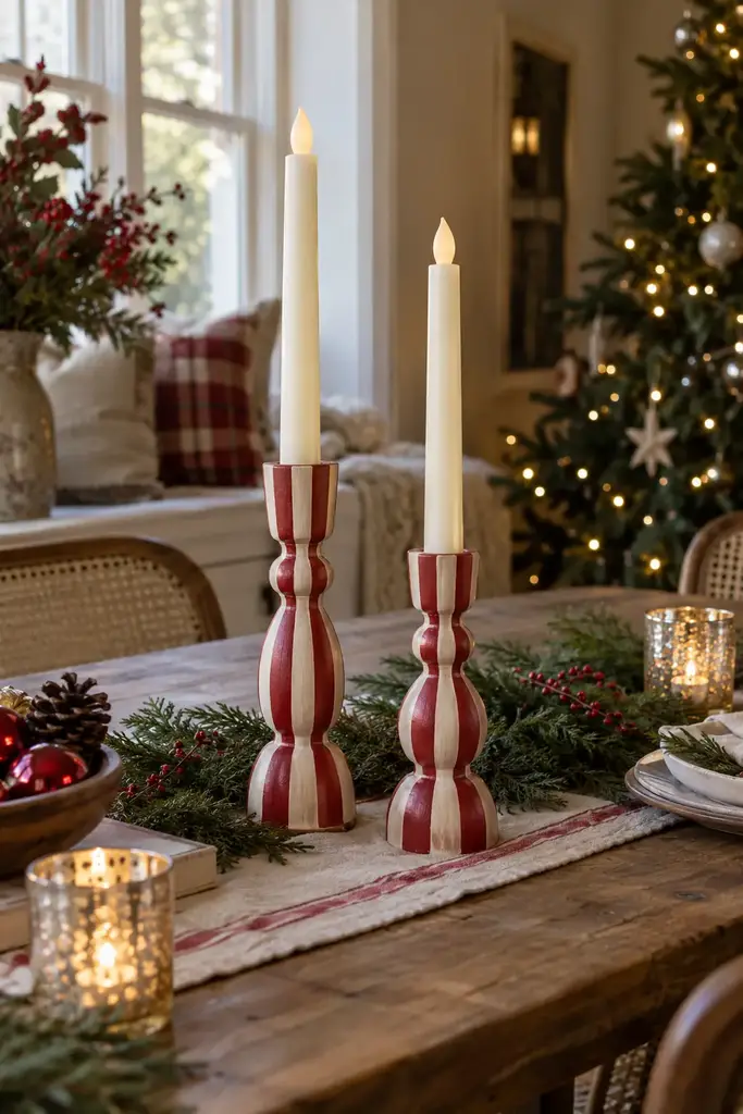 Wooden candlesticks painted with red and cream stripes holding battery taper candles