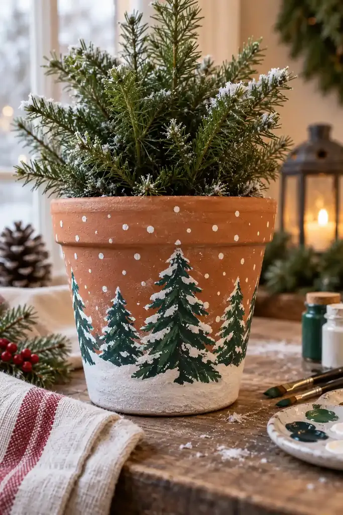 Christmas painting ideas, evergreen trees on a terracotta pot