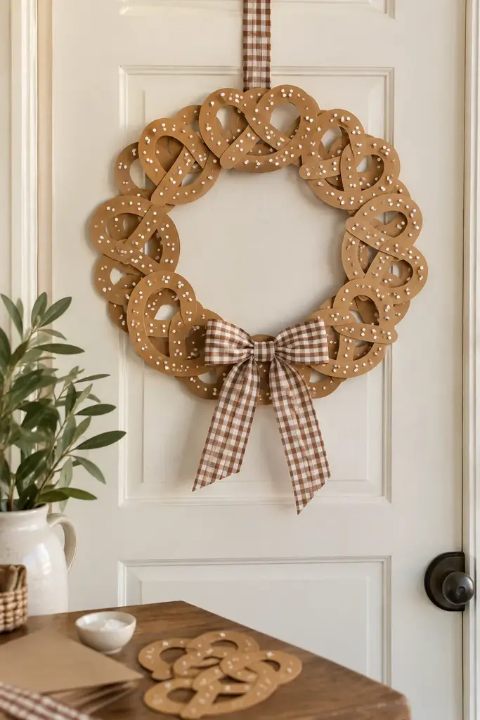 Handmade paper pretzel wreath with tan cardstock pretzels on a cardboard ring and a gingham bow