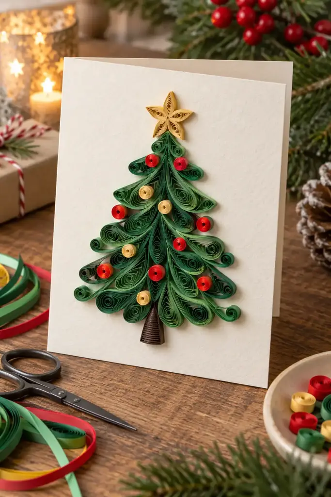 Green paper coils form branches on a cream card