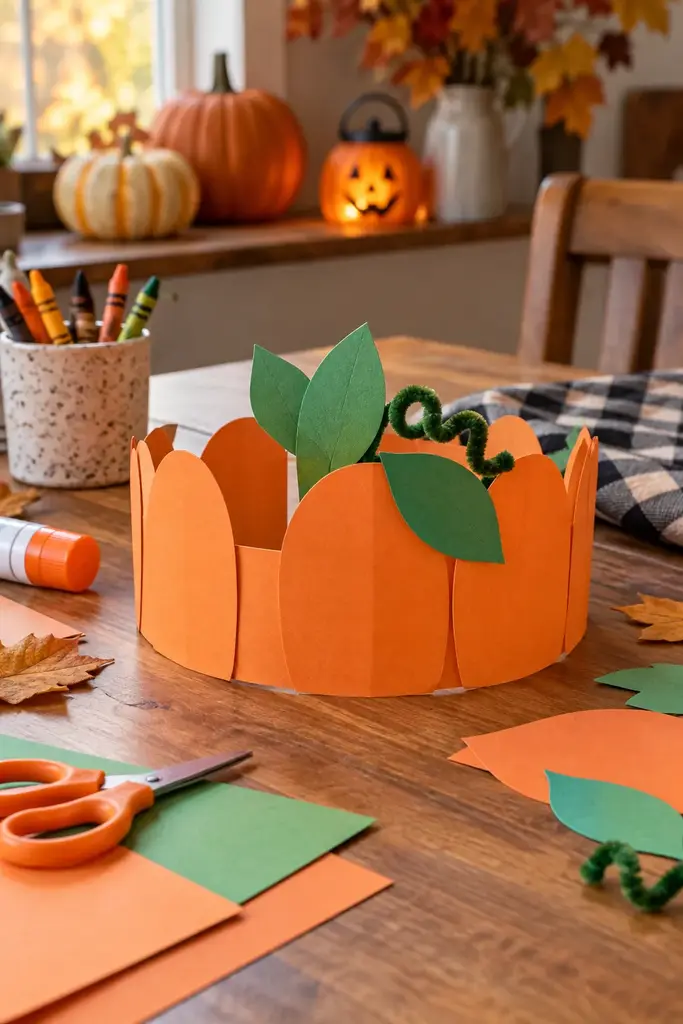 Orange paper pumpkin crown with green leaf shapes on a preschool craft table