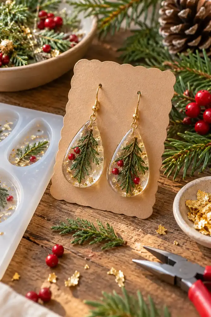Resin pine sprig drop earrings