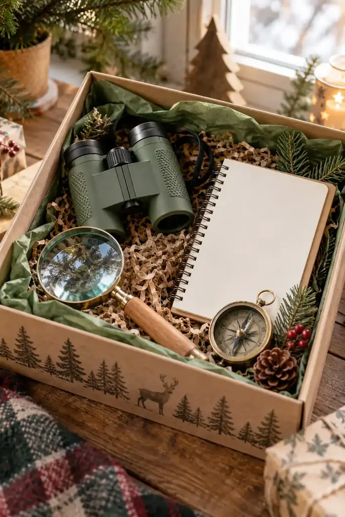 Science explorer kit with green binoculars, a magnifying glass, a compass and a notebook in a wooden crate