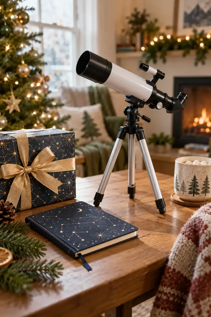 White beginner telescope on a tripod with a constellation journal and a starry wrapped gift