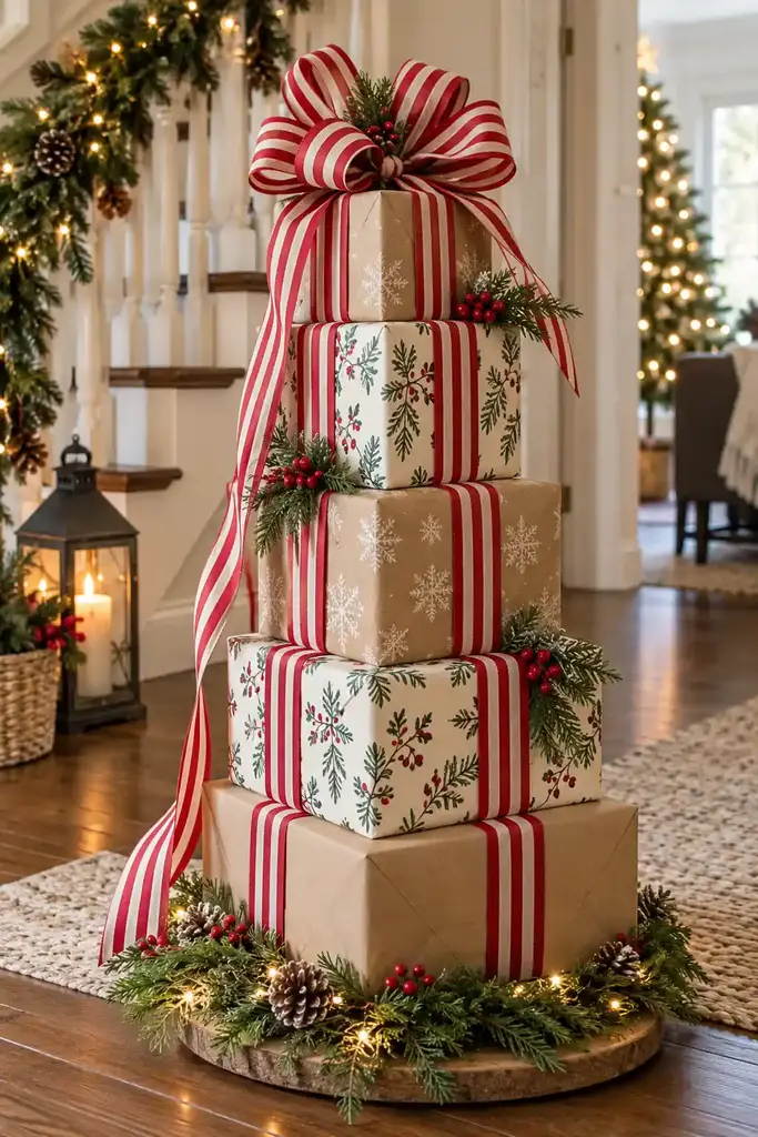 Striped ribbon gift tower with a bow