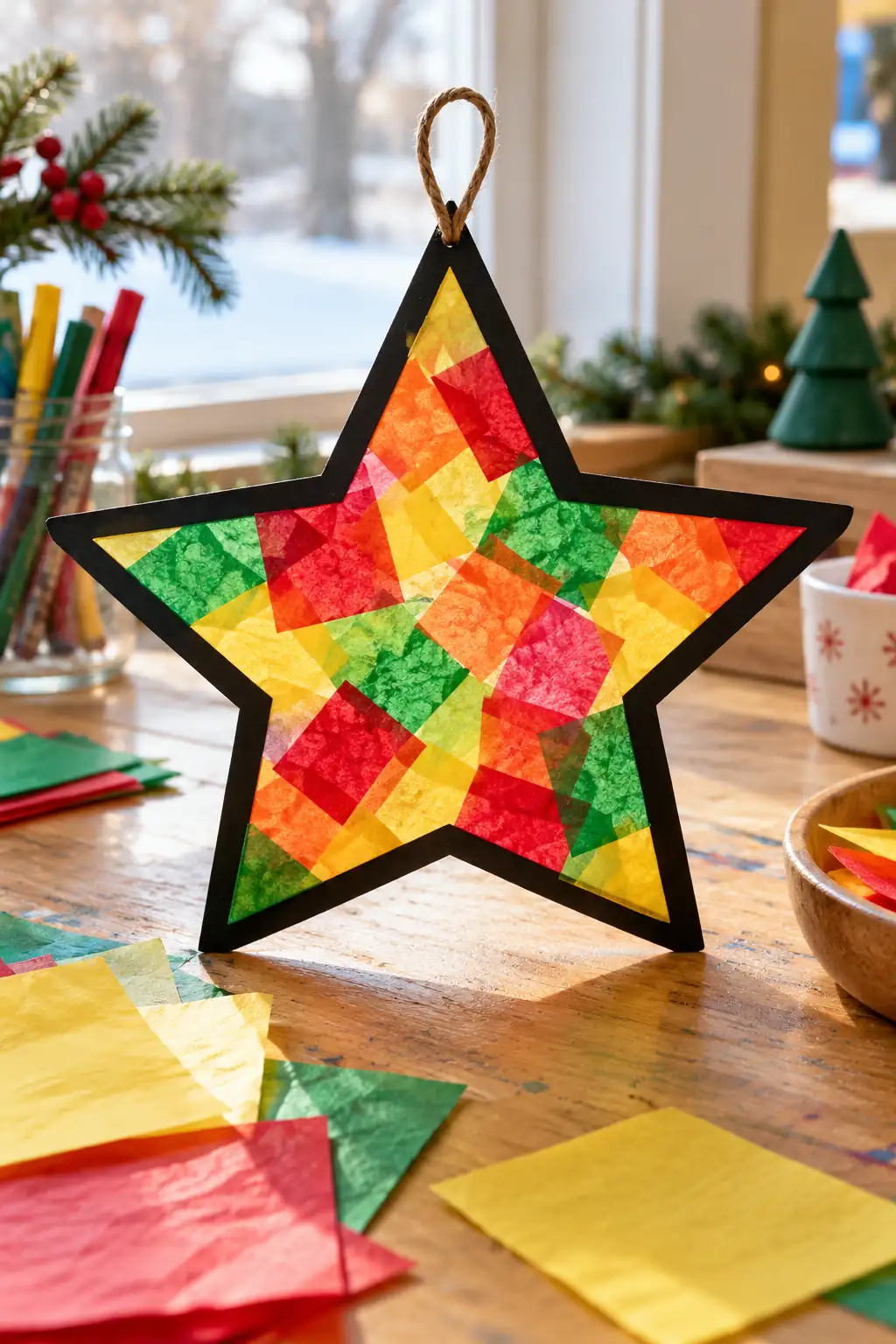 Tissue Paper Window Star Christmas crafts for preschoolers