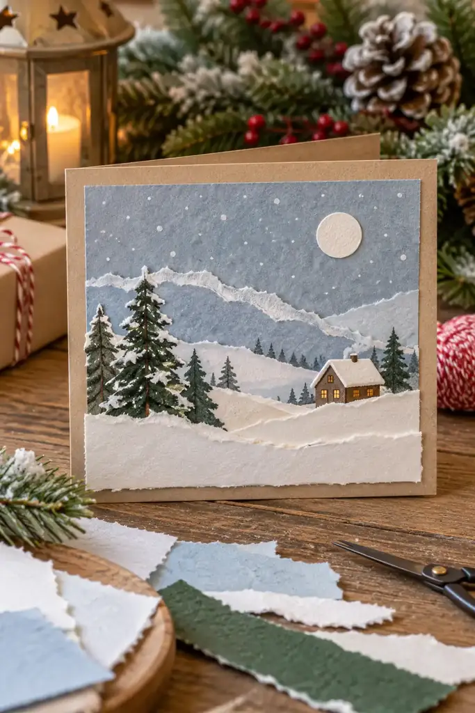 Torn paper snowy landscape card