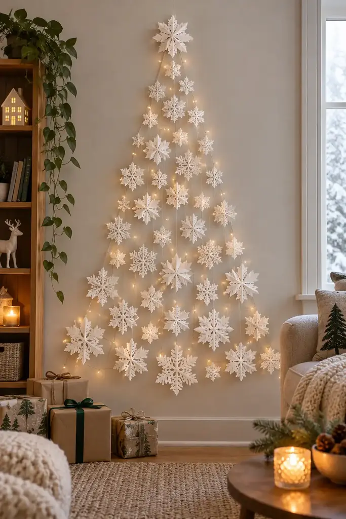 White snowflakes form a tall triangle against a pale wall
