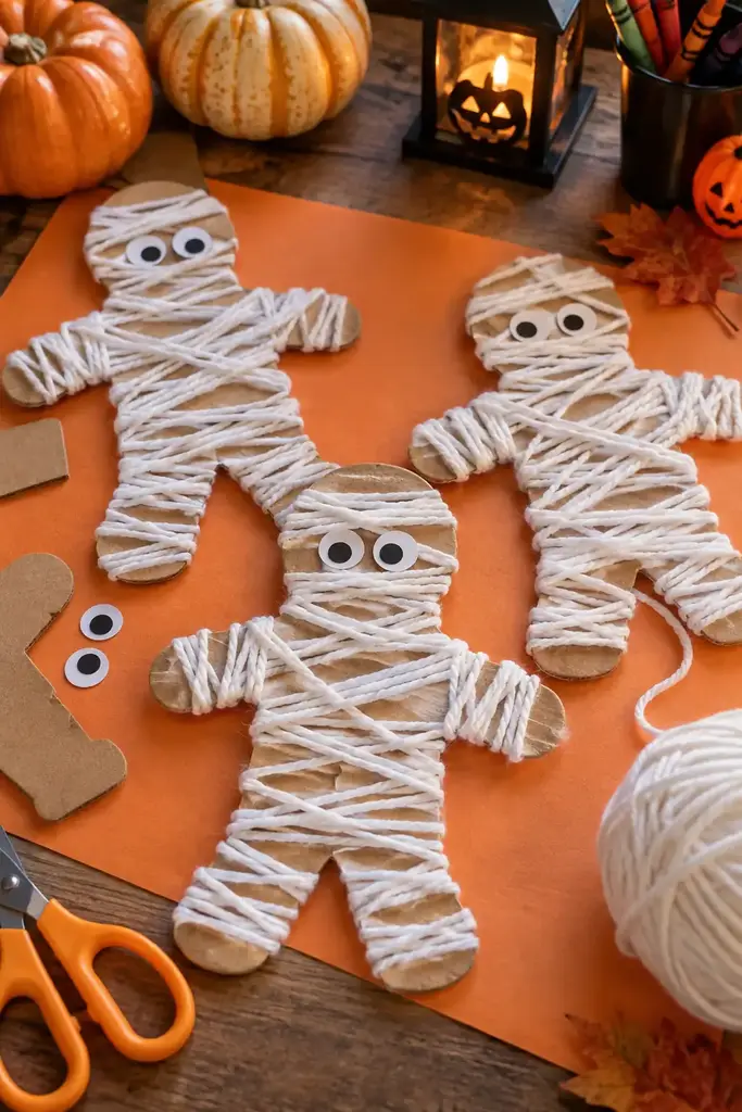Cardboard mummy shapes wrapped with white yarn and paper eyes on an orange craft mat