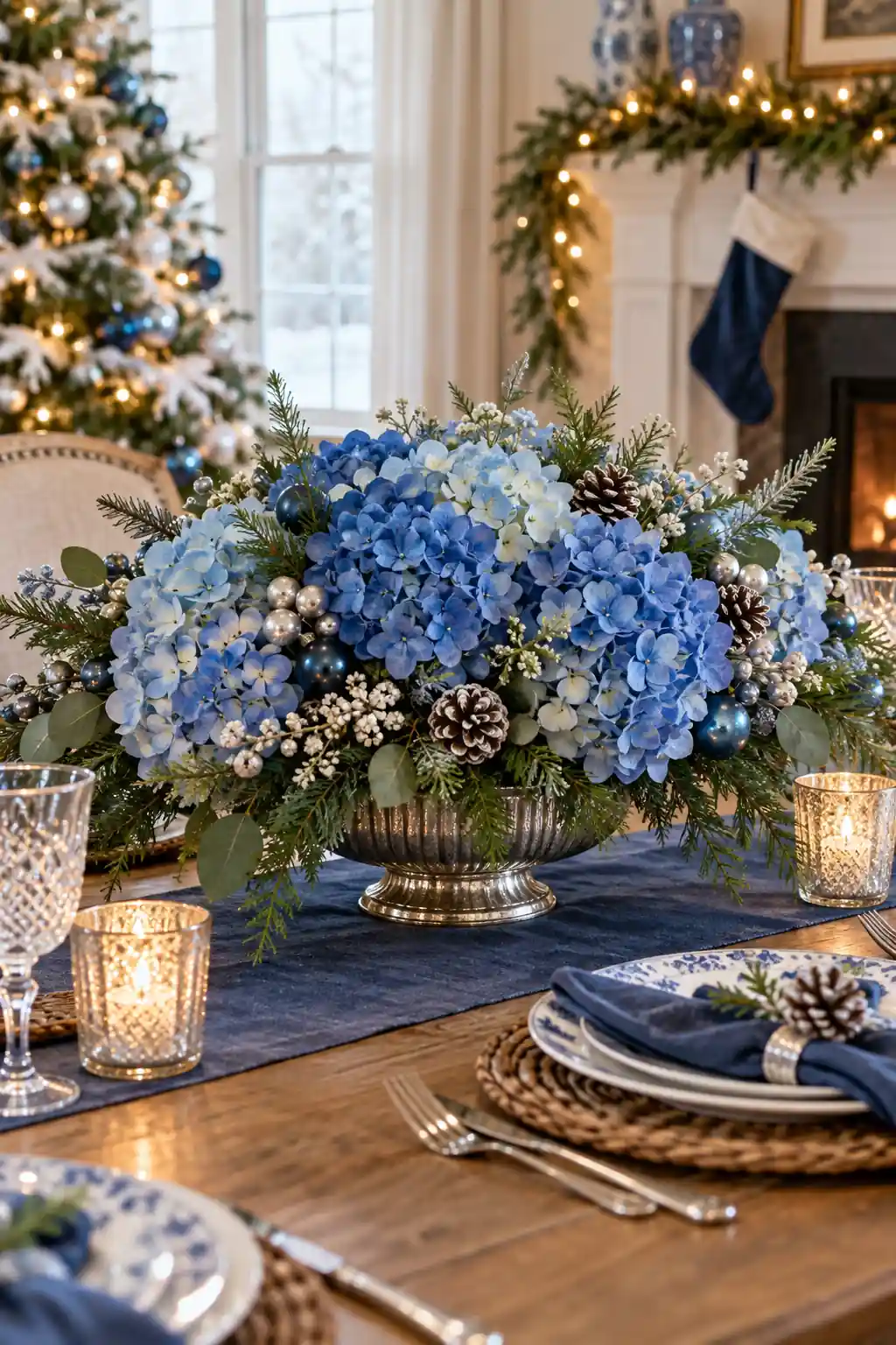 Blue Hydrangea Centerpiece blue Christmas decoration ideas