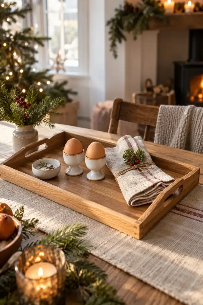 Wooden breakfast tray with handles holding two egg cups, a small bowl and a linen napkin