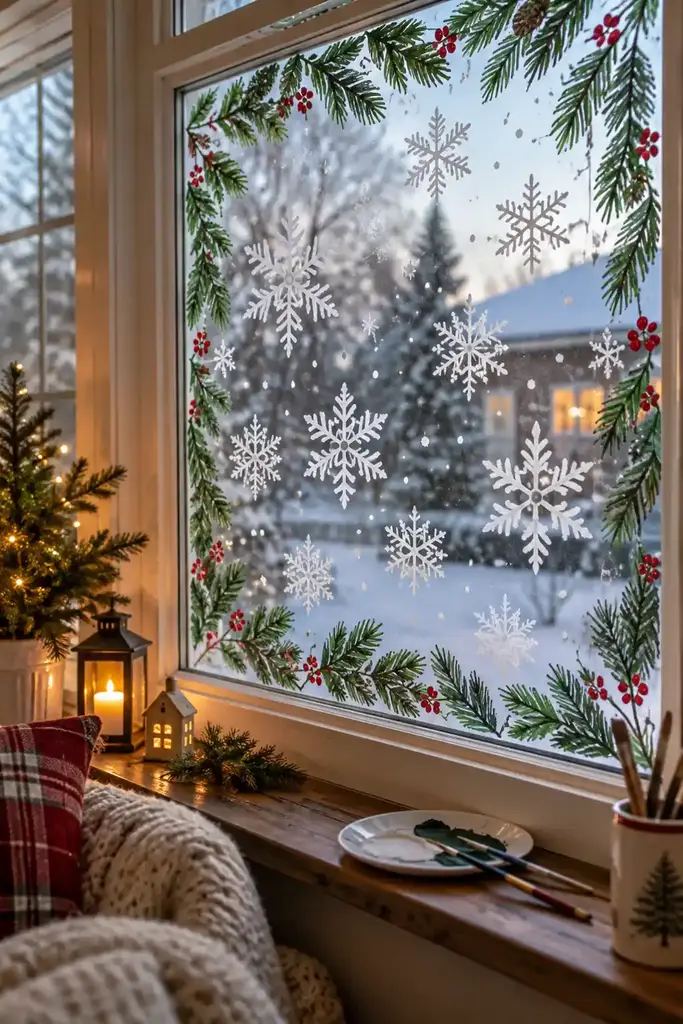 White snowflakes cross the glass beneath a painted evergreen border