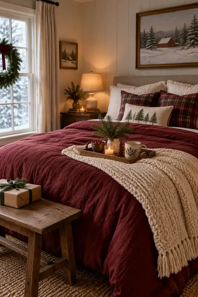 A burgundy duvet gives the guest bed a broad red surface